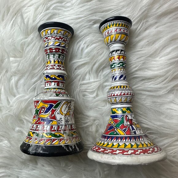 Vintage Hand Painted 2PCS Ceramic Candle Holders Artsy Artisan Tribal Boho - Picture 9 of 11
